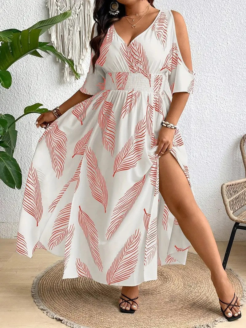 Women’s off-shoulder cross V-neck maxi dress by Plush Fashion Hub, featuring a flowy casualwear style with a fitted bodice and elegant design.