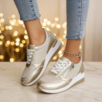 Metallic lace-up sneakers with side zipper and thick sole in three colors, from Plush Fashion Hub, EU sizes 37-44.