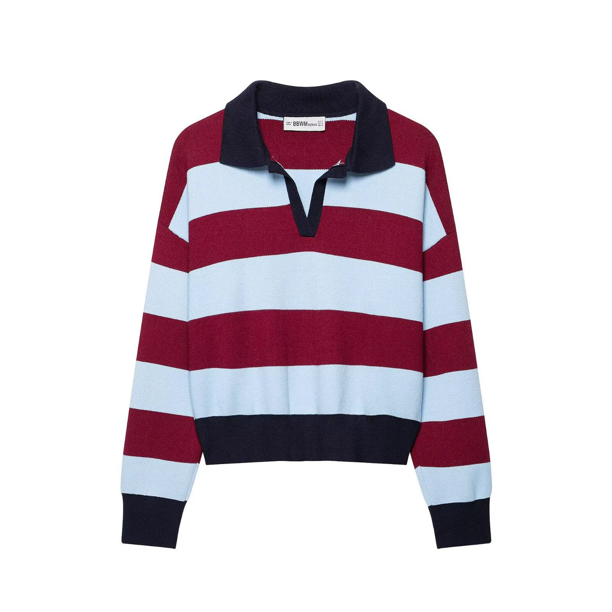 Red, light blue, and navy striped knit polo sweater with a V-neck and collar.