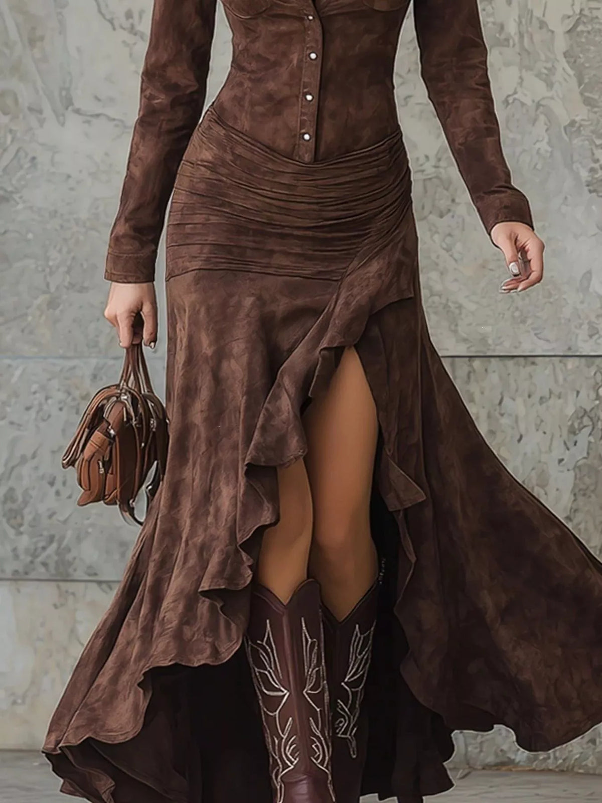 Plus size Trendsi maxi dress with high-low hem, long sleeves, and flowing fabric, perfect for elegant casual wear.