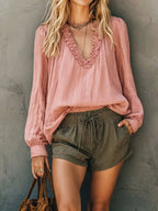 Plush Fashion Hub frill V-neck long sleeve blouse with ruffle details, stylish shirt for casual or dressy wear.