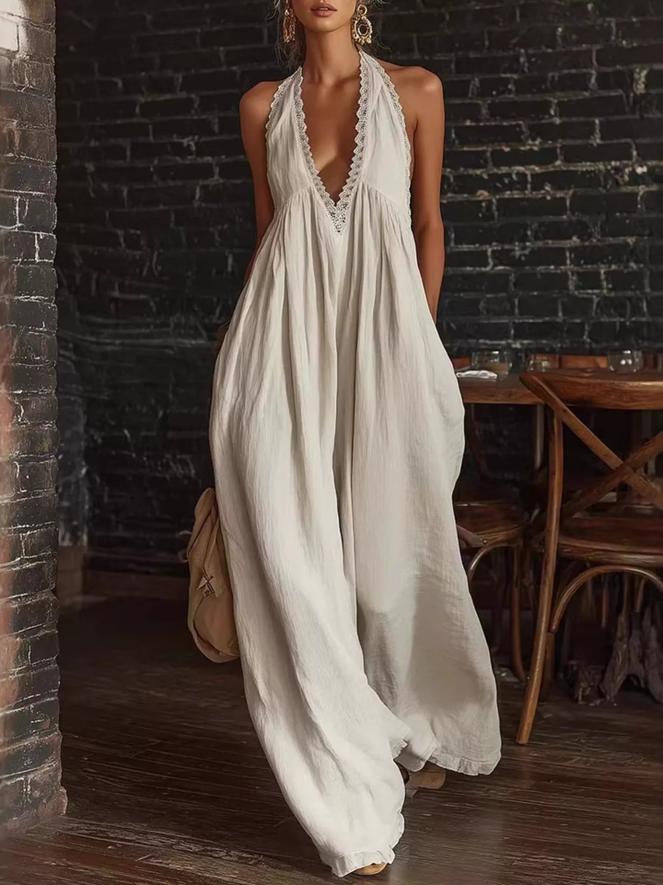 Plus size halter neck lace trim wide-leg jumpsuit by Plush Fashion Hub, featuring a stylish playsuit design in full size.