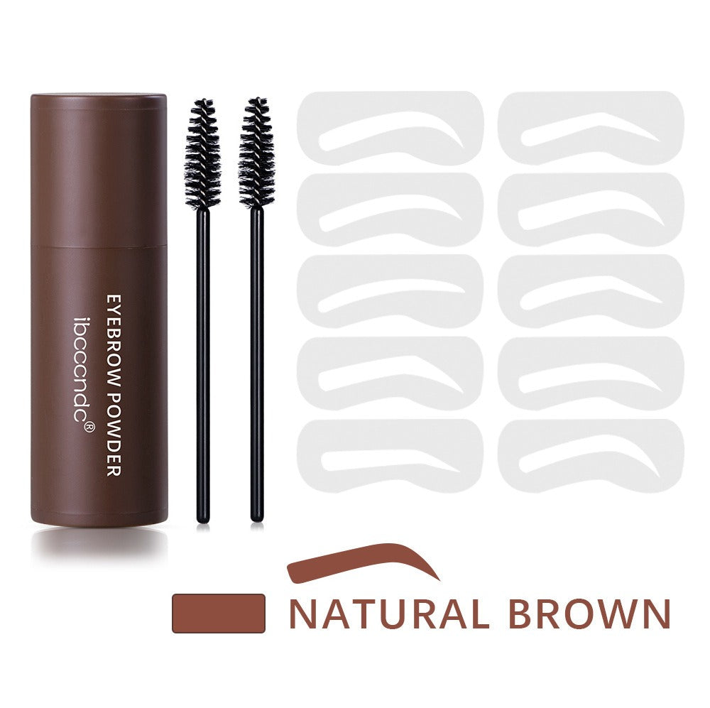Natural brown eyebrow powder in a brown container with two brushes and ten stencil sheets.