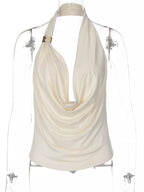 Shopimist halter neck ruched tank top with adjustable straps and gathered fabric, perfect for stylish casual wear.