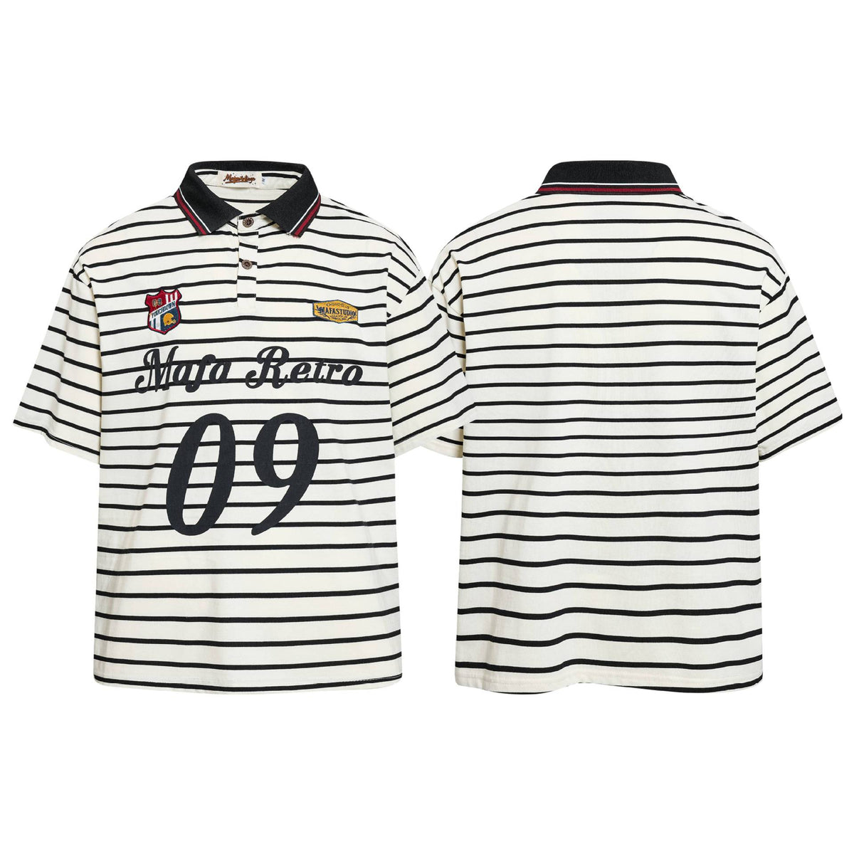 Eprolo college emblem embroidered short-sleeved shirt with a front chest logo and casual fit, made of lightweight fabric.