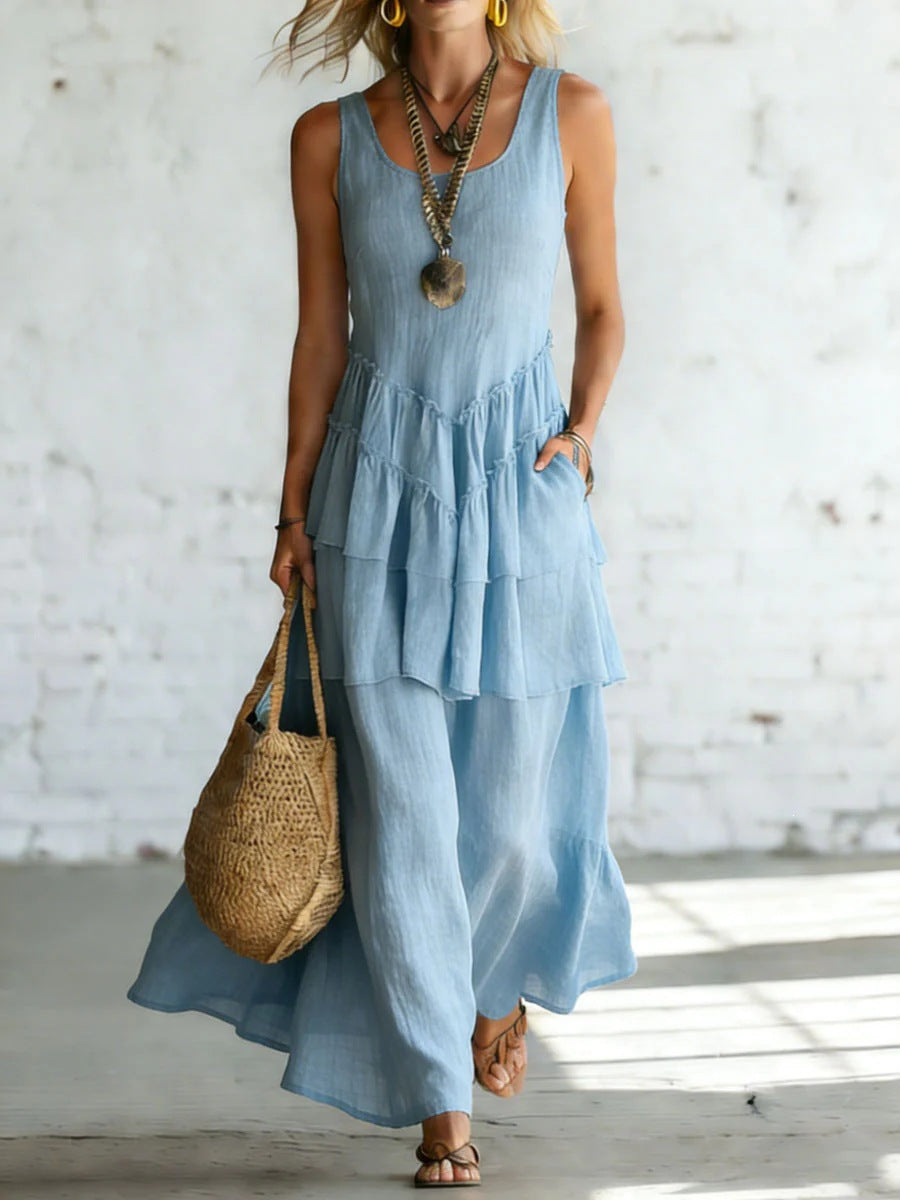Women's cotton linen sleeveless maxi dress by Plush Fashion Hub, casualwear, loose fit, lightweight, perfect for warm weather.