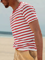 Men's plus size striped pocket short sleeve T-shirt by Trendsi, featuring a classic design and front chest pocket.