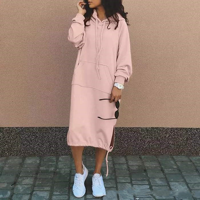 Casual women's long-sleeved hooded sweater with front pocket and drawstring, made by LadyShow.Store.