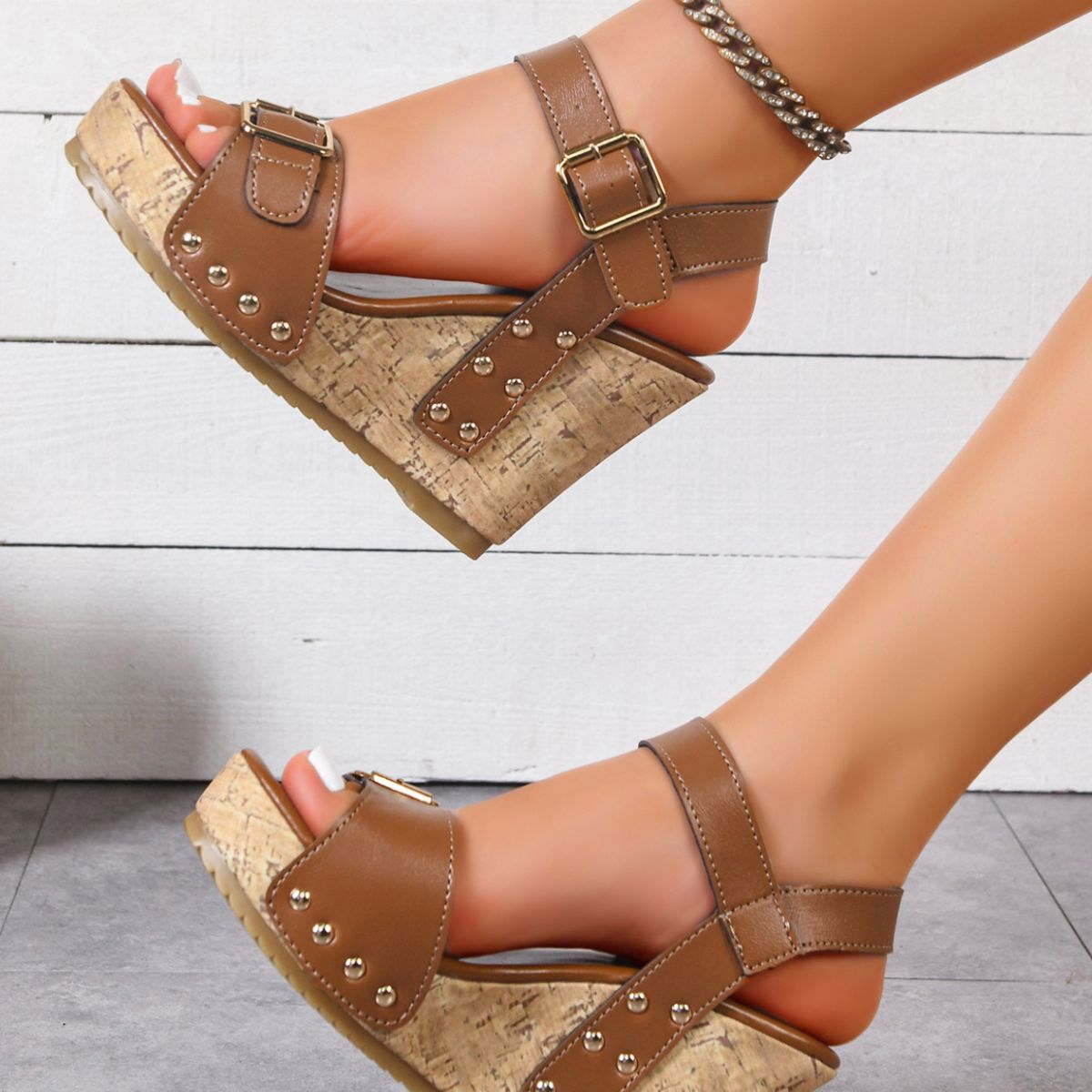 Women's open toe wedge sandals with high heels, comfortable PU leather dress shoes in natural tan color.