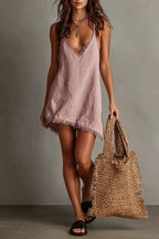 Plus size fringe V-neck cami dress by Shopimist featuring a full-length design with stylish fringe detail.