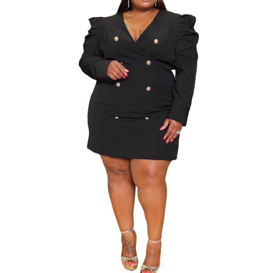 A black V-neck blazer dress with long puff sleeves, gold double-breasted buttons, and a structured tailored style.