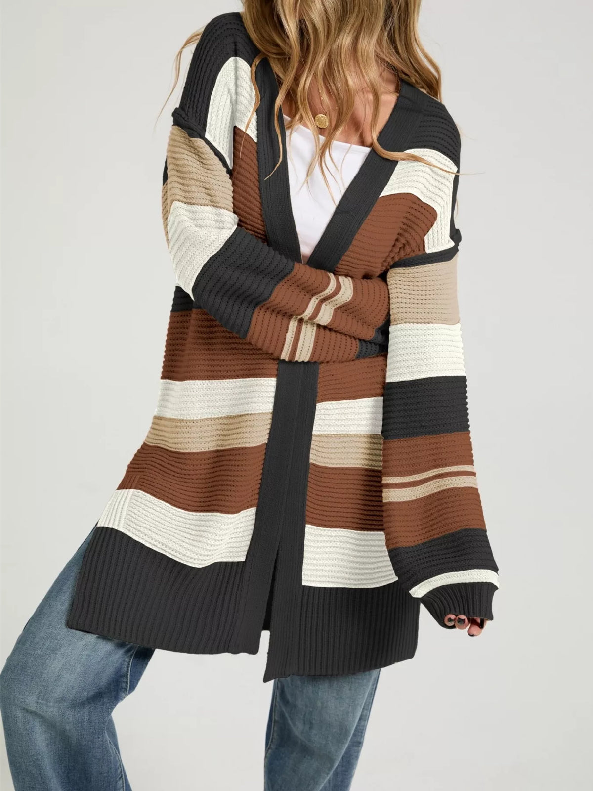 Color block striped open front cardigan by Trendsi, featuring bold color blocks and a relaxed fit, perfect for casual wear.