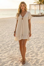 Women's FitiqueFit V-neck short-sleeve midi dress made of ice silk crepe, loose fit, casual style, perfect for warm weather.