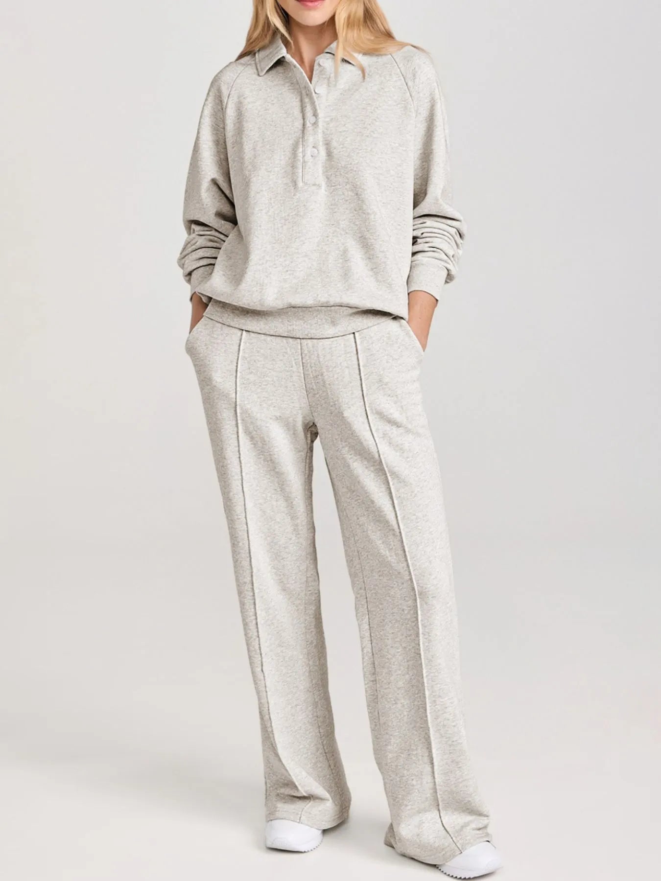 Plush Fashion Hub activewear set with a collared sweatshirt and high waist pants, perfect for casual workout or leisure wear.