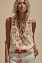 Women's floral print V-neck tank top by FitiqueFit featuring a vibrant 3D digital botanical design, casualwear style.
