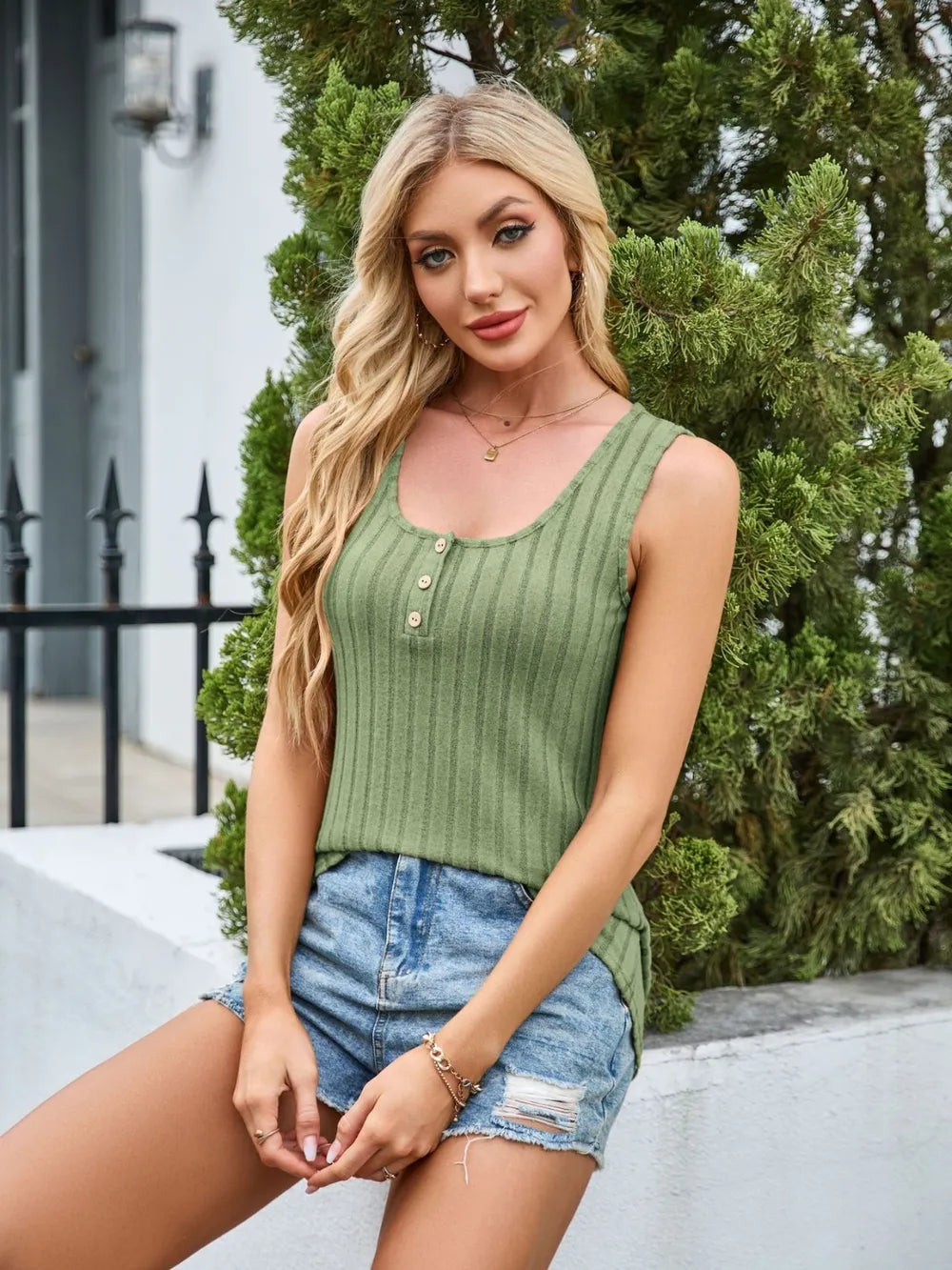 Trendsi scoop neck wide strap tank top showing beige fabric and relaxed fit, perfect for casual summer wear
