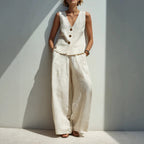 Linen blend V-neck buttoned vest and high-waist wide-leg pants set by FitiqueFit in five colors, displayed on a model.