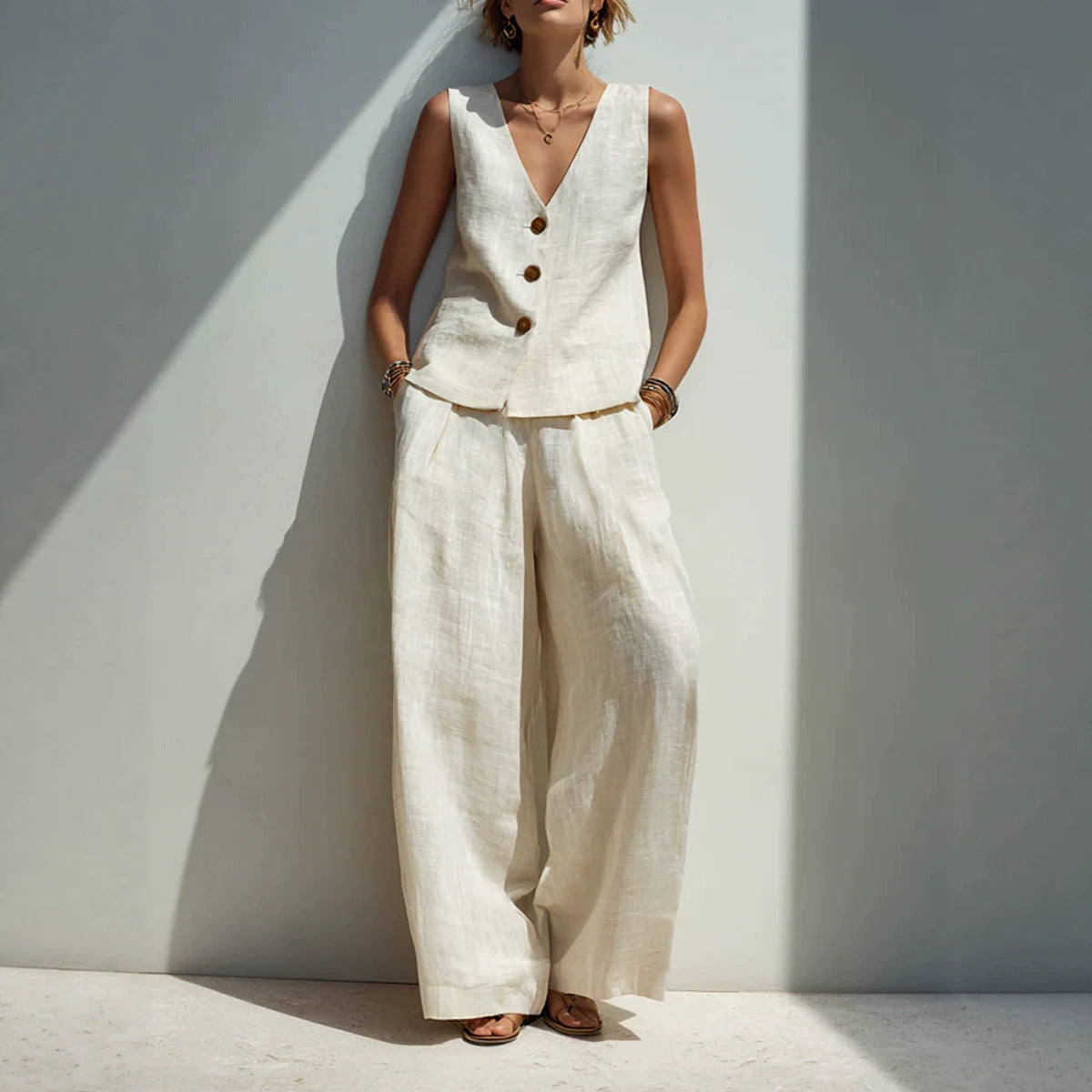 Linen blend V-neck buttoned vest and high-waist wide-leg pants set by FitiqueFit in five colors, displayed on a model.
