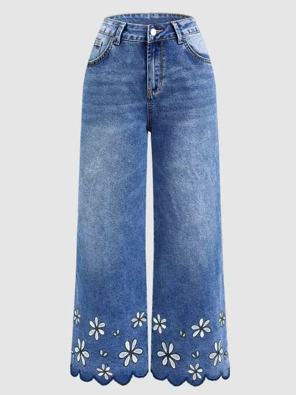 Women's loose straight-leg denim jeans with chrysanthemum embroidery, cropped casualwear by Plush Fashion Hub.