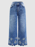 Women's loose straight-leg denim jeans with chrysanthemum embroidery, cropped casualwear by Plush Fashion Hub.