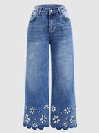 Women's loose straight-leg denim jeans with chrysanthemum embroidery, cropped casualwear by Plush Fashion Hub.