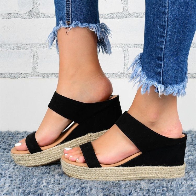 European and American wedge slippers by Plush Fashion Hub with hemp rope straps, casual flat sandals for women.