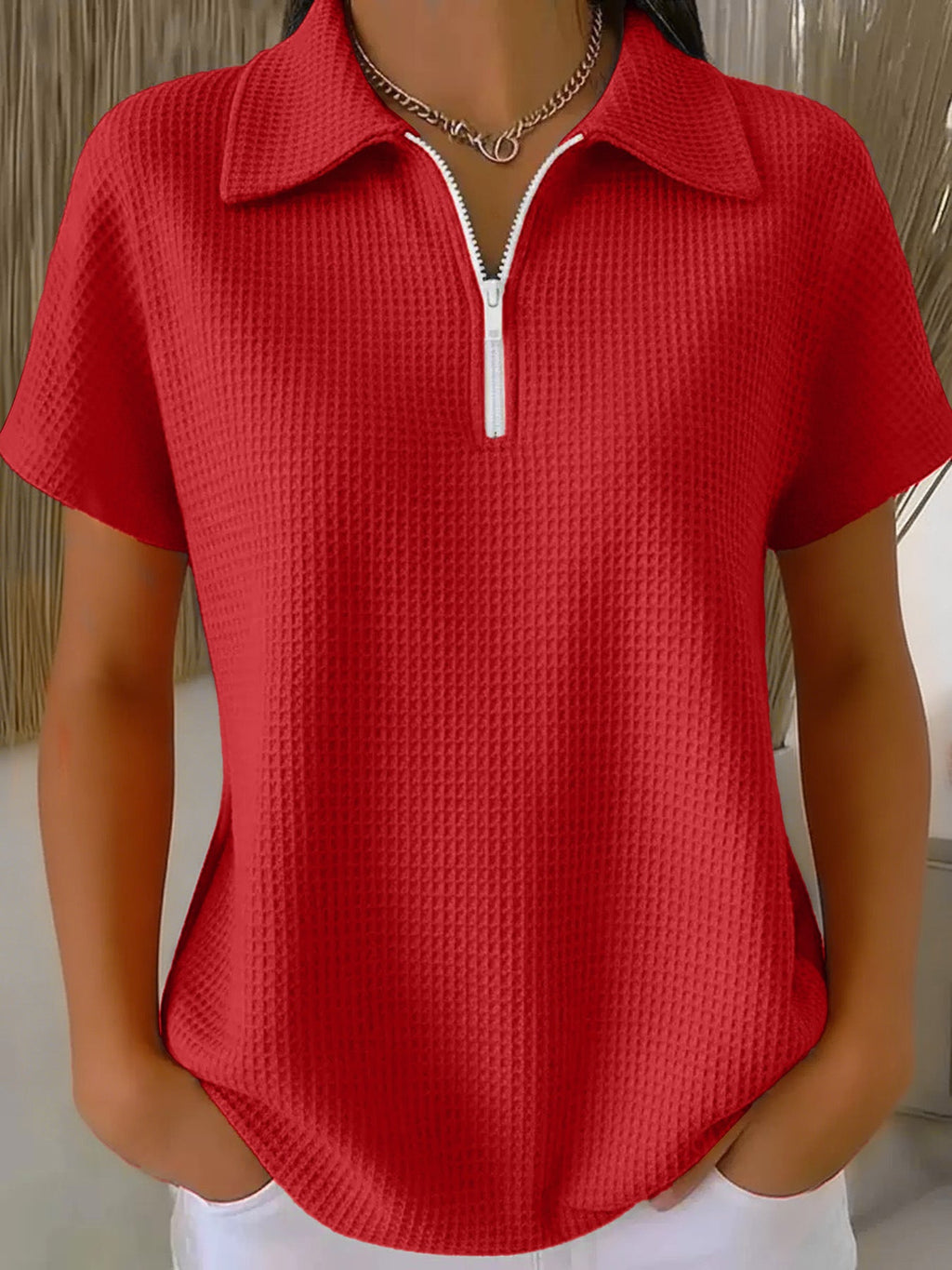 Drop shoulder half-zip waffle knit top with 3/4 sleeves by Plush Fashion Hub, featuring a cozy textured fabric and relaxed fit.