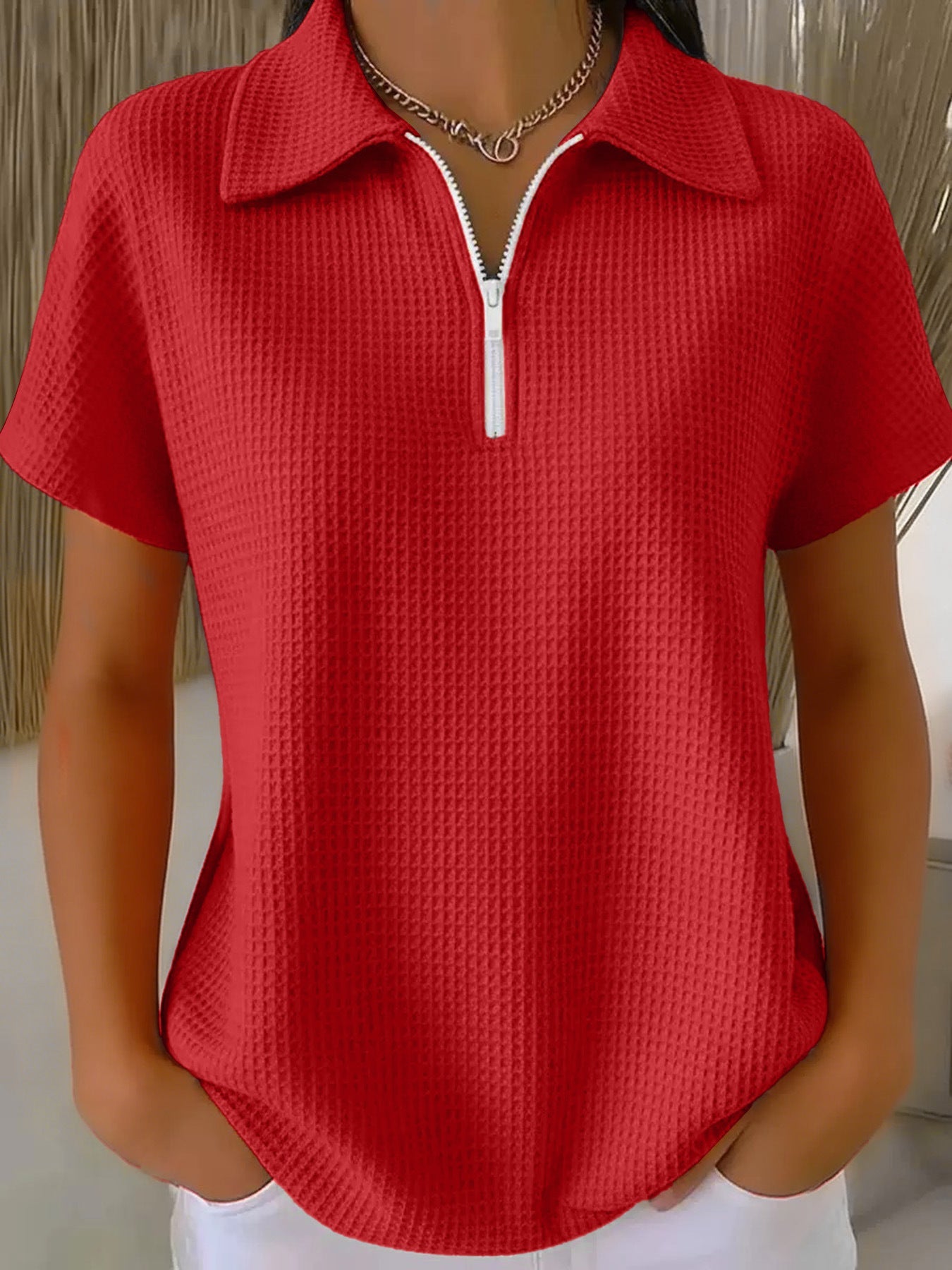 Drop shoulder half-zip waffle knit top with 3/4 sleeves by Plush Fashion Hub, featuring a cozy textured fabric and relaxed fit.