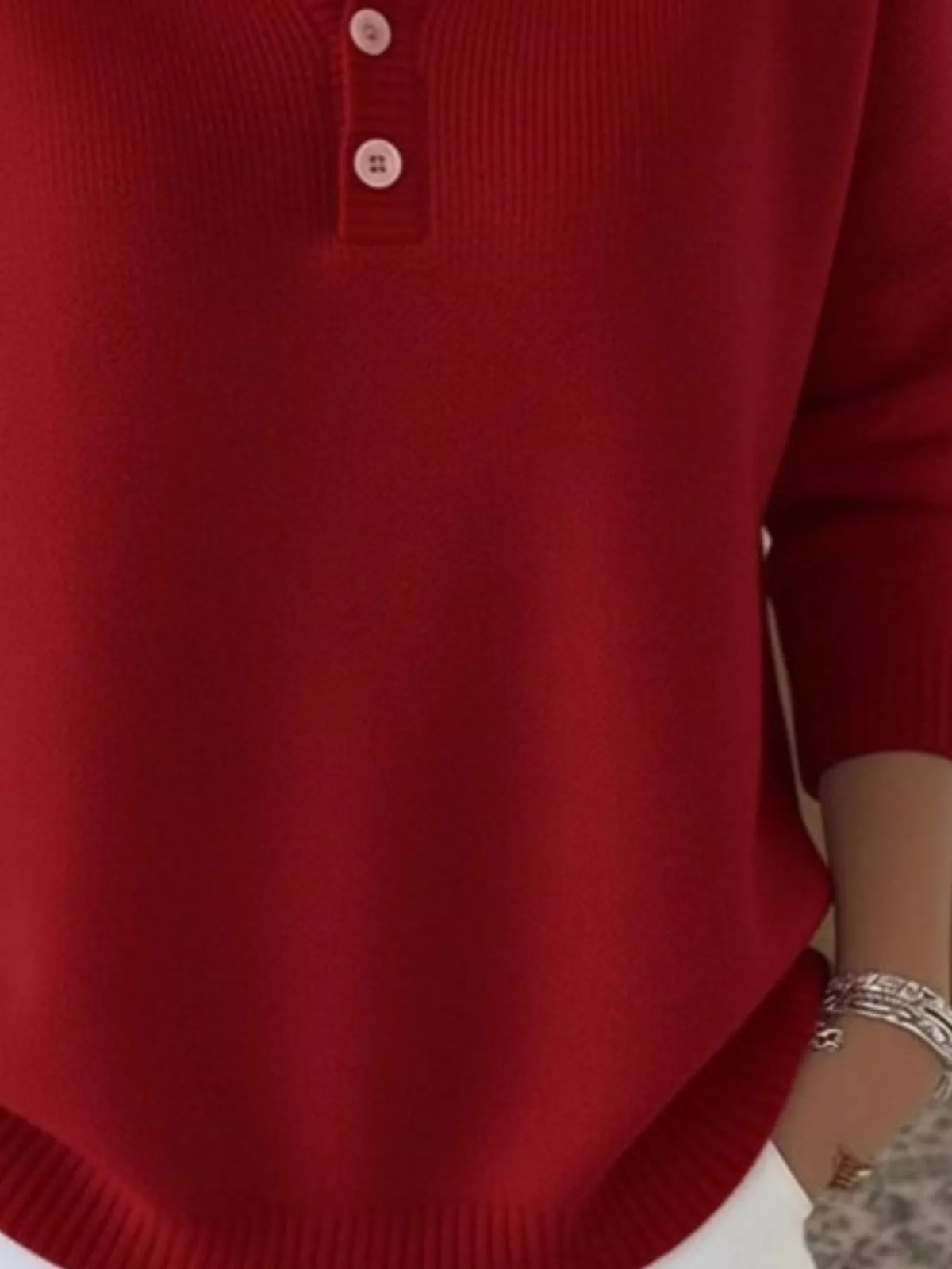 Plus size ribbed knit sweater with button details from Trendsi, featuring a full-size fit and cozy, textured fabric.