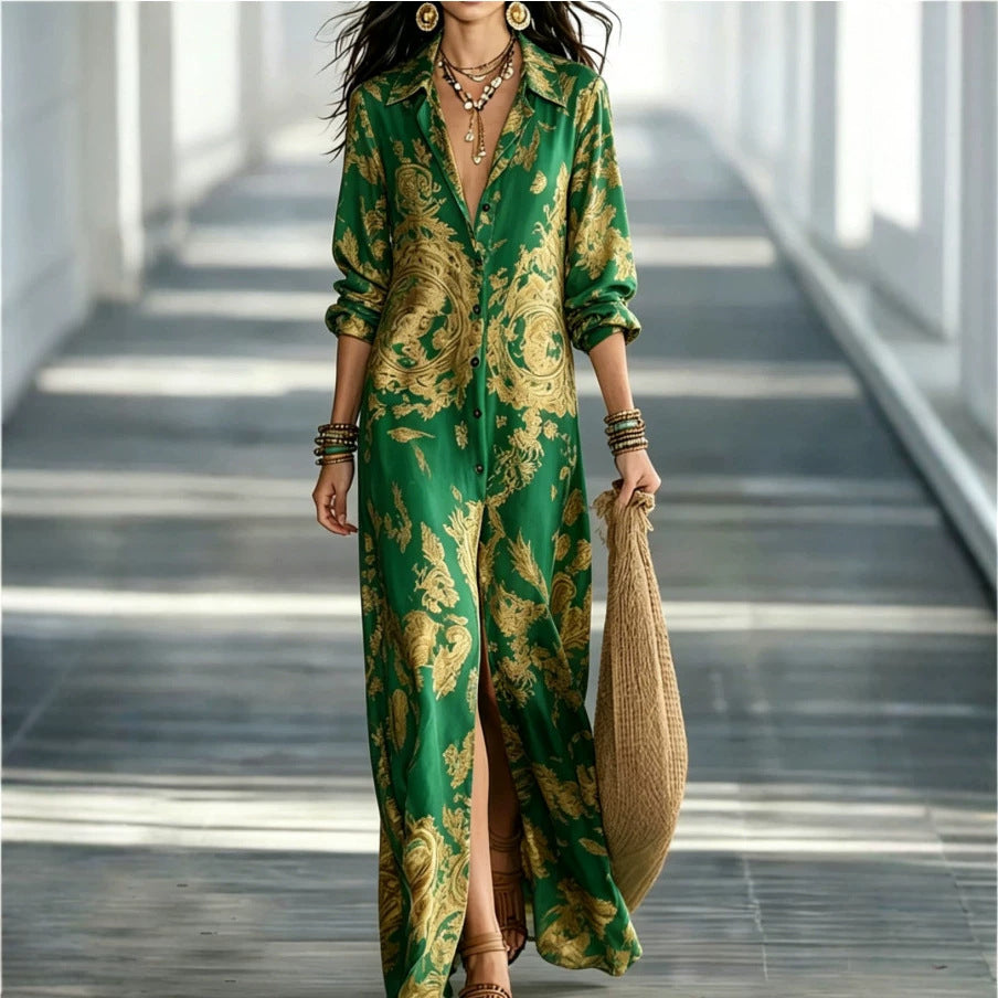 Blue printed chiffon beach dress with turn-down collar and split design by eprolo, perfect for resort and casual summer wear.