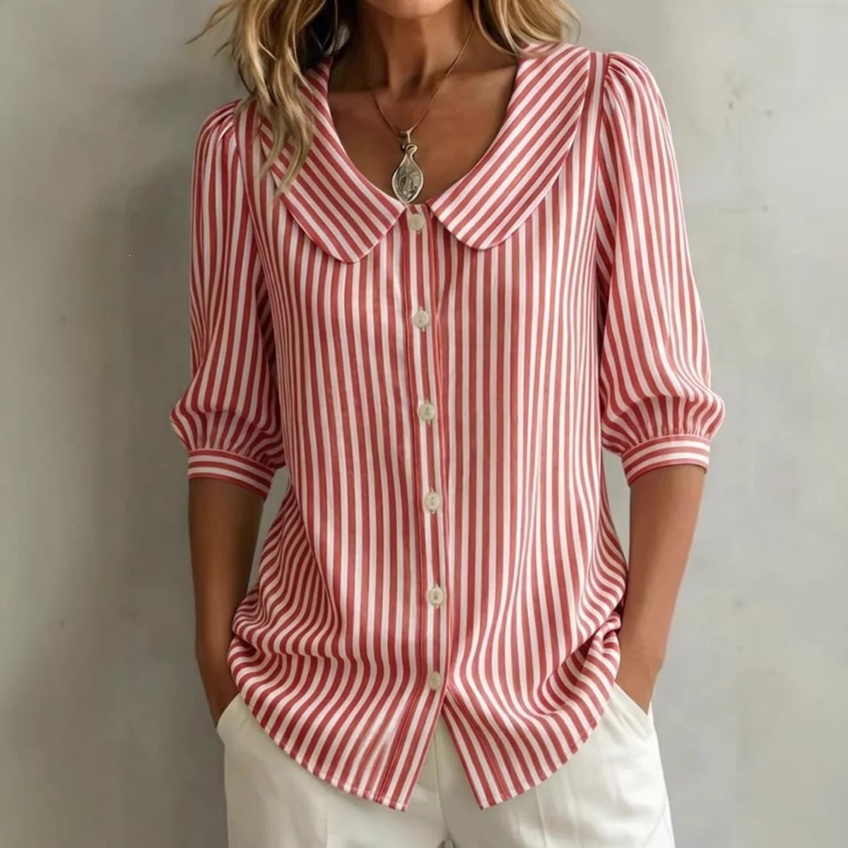 Striped V-neck top by FitiqueFit, casual three-quarter sleeve shirt with a relaxed fit and stylish design.