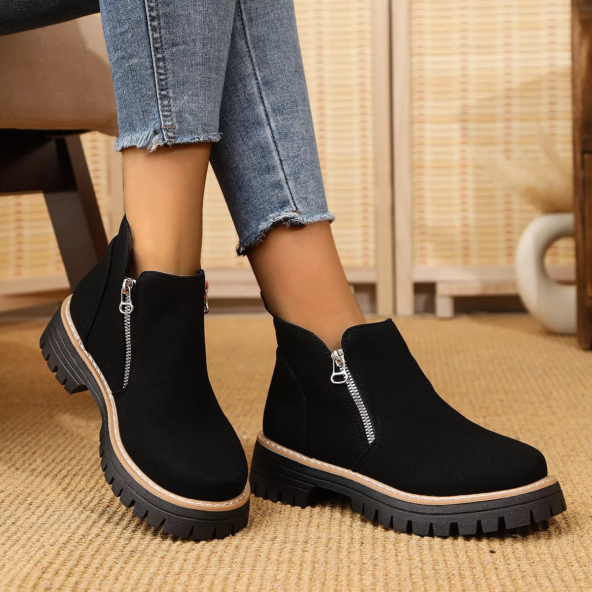 Trendsi ankle boots with zipper accent, stylish footwear featuring a sleek design and ankle-length silhouette.