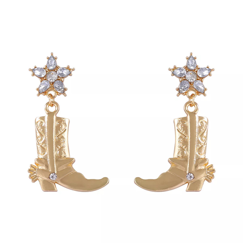 Western style dangle earrings with boot design, crafted by Shopimist, featuring intricate metalwork and southwestern-inspired details.