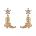Western style dangle earrings with boot design, crafted by Shopimist, featuring intricate metalwork and southwestern-inspired details.