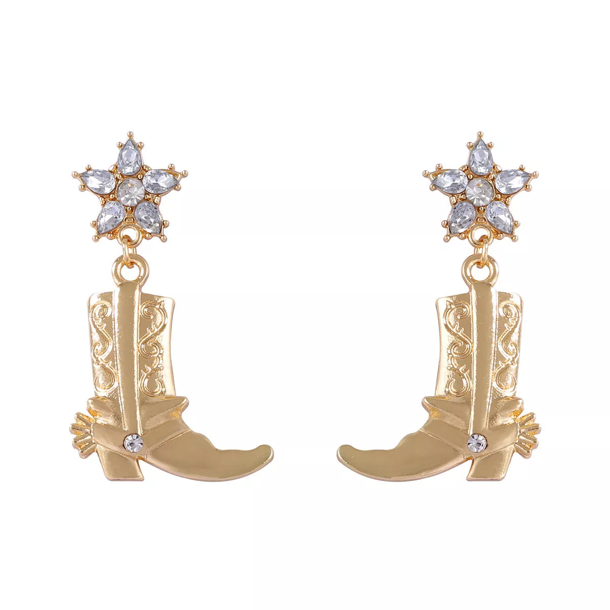 Western style dangle earrings with boot design, crafted by Shopimist, featuring intricate metalwork and southwestern-inspired details.