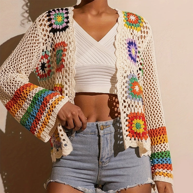 Women's elegant crochet cardigan by FitiqueFit, featuring intricate knit pattern and lightweight design for stylish comfort.