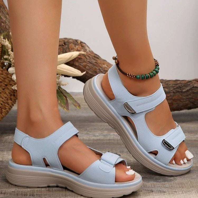 Women's adjustable Velcro open toe flat sandals by Trendsi, featuring comfortable walking shoe design with cushioned soles and breathable straps.