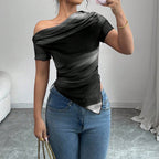 Women’s tie-dye one-shoulder mesh ruched top by Plush Fashion Hub, featuring asymmetrical design and stretchy casualwear style.