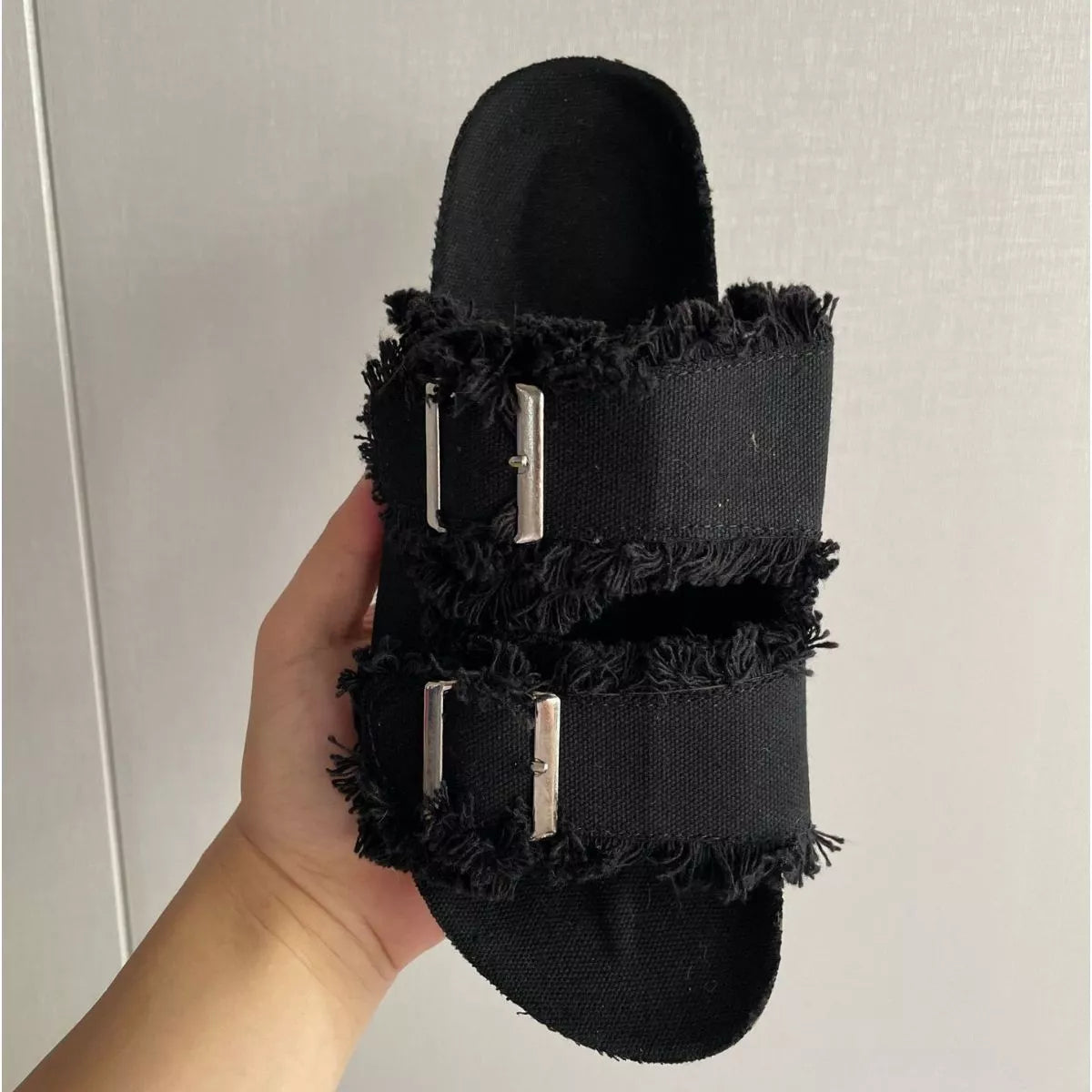 Plush Fashion Hub frayed edge buckle sandals with open toe and ankle strap, featuring a stylish distressed finish.