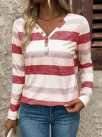 Contrast striped V-neck long sleeve T-shirt from Trendsi, featuring bold color blocking and a casual, stylish design.