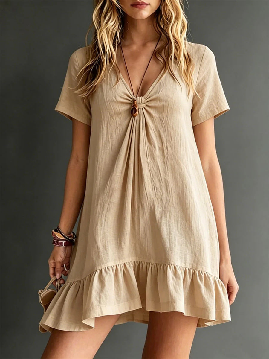 Women's ice silk crepe V-neck short-sleeve midi dress by Plush Fashion Hub, loose casual style with a flowing silhouette.
