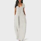 Summer NewWomen's Plus Size Solid Color Dress Sexy Deep V Neck Short Sleeve Long Dress