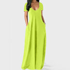 Summer NewWomen's Plus Size Solid Color Dress Sexy Deep V Neck Short Sleeve Long Dress