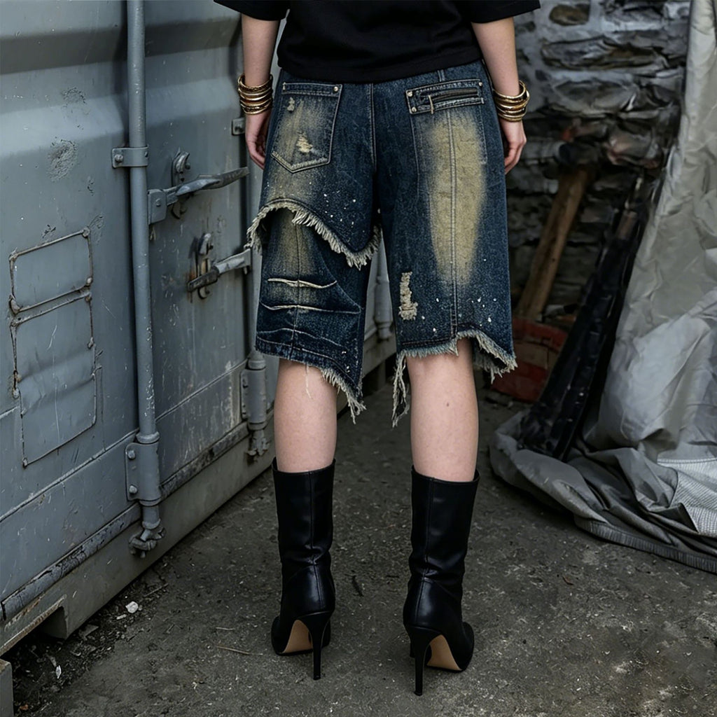Street Style Asymmetric Frayed Hem Five-Pocket Denim Shorts