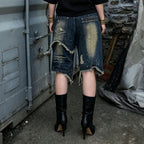 Street Style Asymmetric Frayed Hem Five-Pocket Denim Shorts