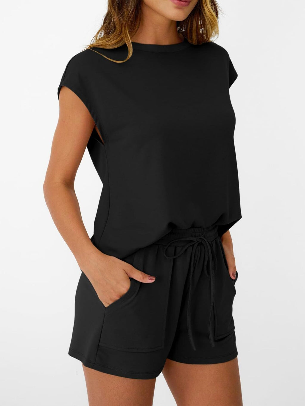Women's soft round neck cap sleeve lounge set with drawstring shorts, made by Plush Fashion Hub, shown in a comfortable 2-piece outfit.