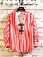 Men's plus size striped casual button-up shirt by Trendsi, featuring a relaxed fit and classic design in a close-up image.
