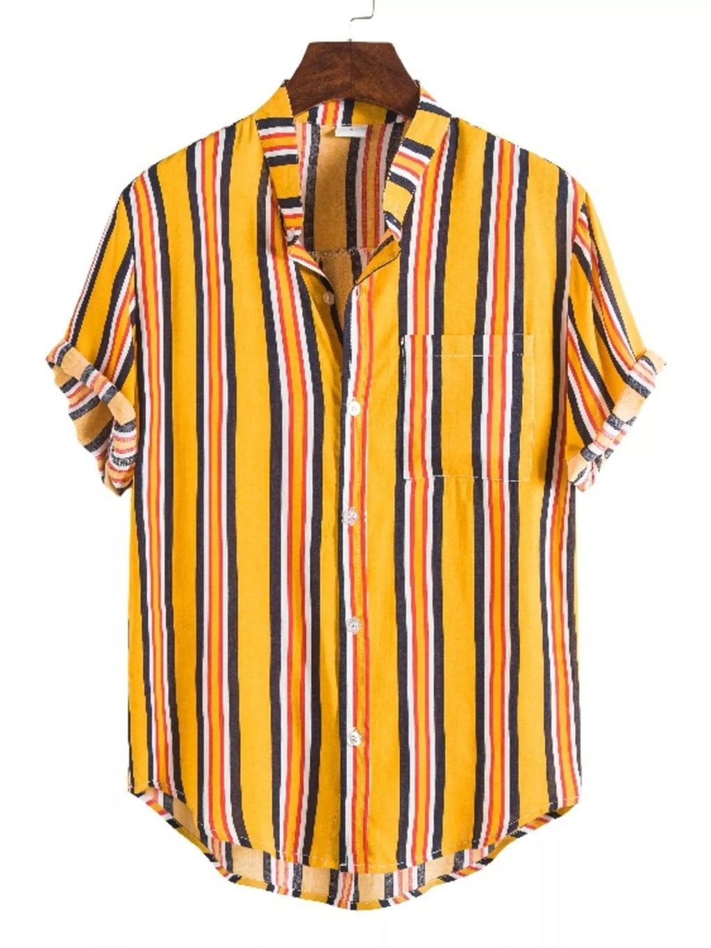 Men's plus size striped short sleeve shirt by Trendsi, showcasing a button-up design with bold horizontal stripes.
