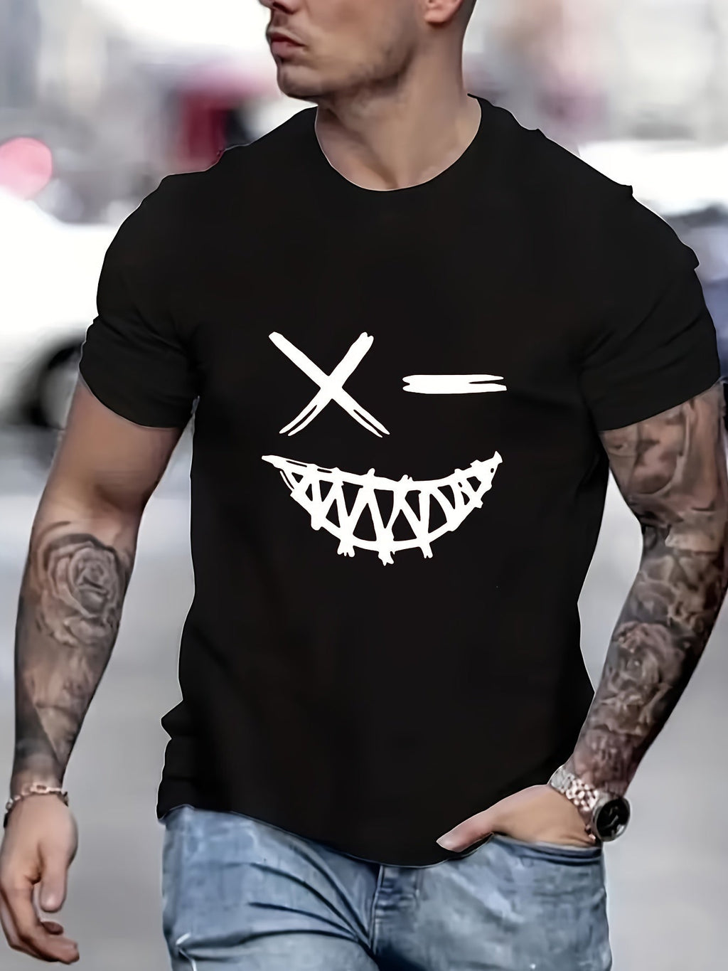 Men's Evil Smile Face Streetwear Tee by Plush Fashion Hub, featuring a bold graphic design on a trendy summer shirt.