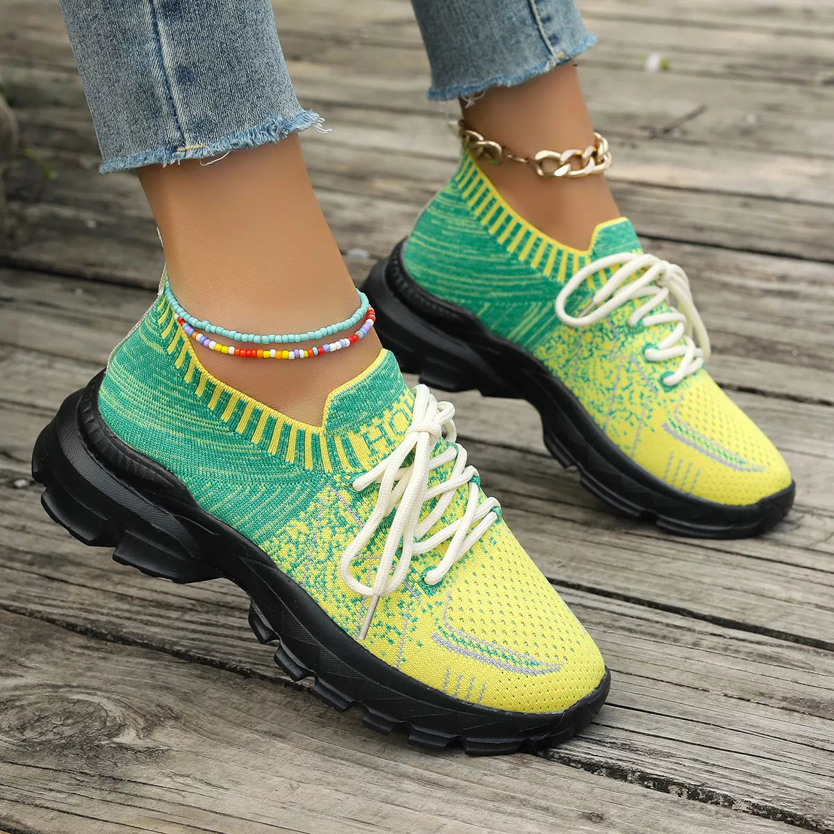 Plush Fashion Hub round toe lace-up sneakers with white and black design, casual footwear for everyday wear.